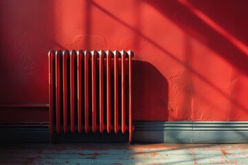 A bright red radiator sits in front of a red wall, with a bold and eye-catching design