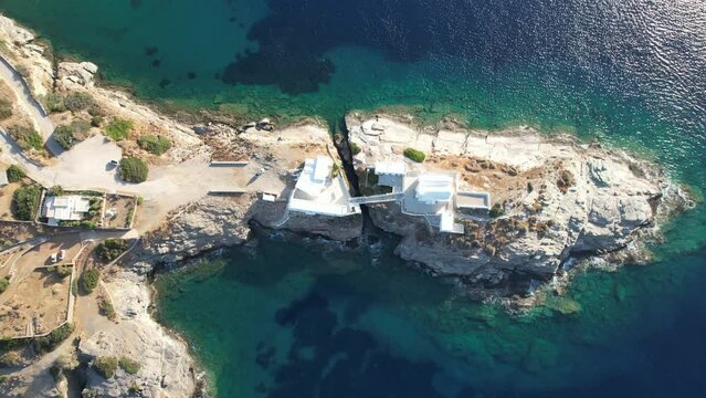 View of Chrysophygi Monastery and Paros on the south east coast of the island, Sifnos, Greece