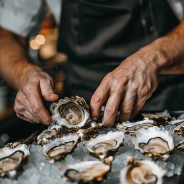 Close-up of a chef's hands shucking oysters, showcasing the briny freshness of the seafood. Job ID: ac7472eb-c79b-43df-afff-cbbfe4b5c2fb