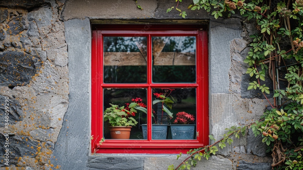 Poster a decorative window frame filled with greenery, suitable for home decor or office spaces