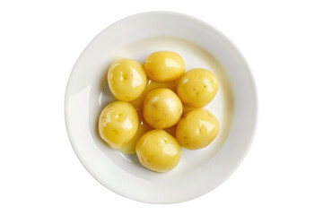 White plate of peeled boiled potatoes isolated on transparent background