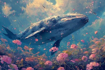 Fantasy Blue whale swimming above a Garden, Peaceful wildlife watercolor concept