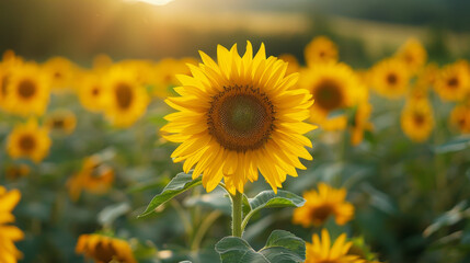 Fototapeta premium A vibrant field of sunflowers basking in the warm glow of a sunset, symbolizing summer and natural beauty.