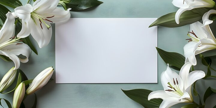 Overhead view condolence card with white lilies and blank space for images. Concept Condolence Card Design, White Lilies, Overhead View, Blank Space for Images