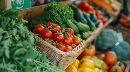 A variety of fresh vegetables on display at a farmers market, showcasing healthy and organic produce.