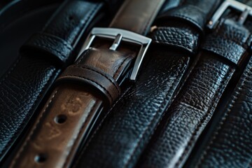 A close-up shot of a black leather bag with details on the texture and hardware