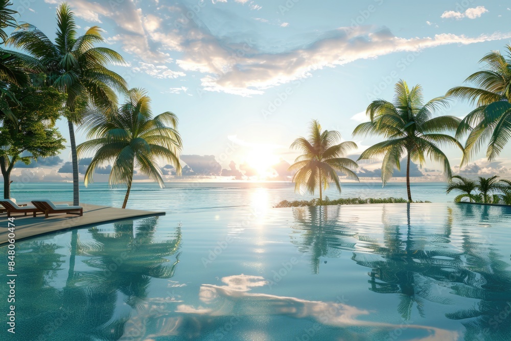 Poster a large swimming pool surrounded by palm trees, suitable for use in travel and leisure contexts