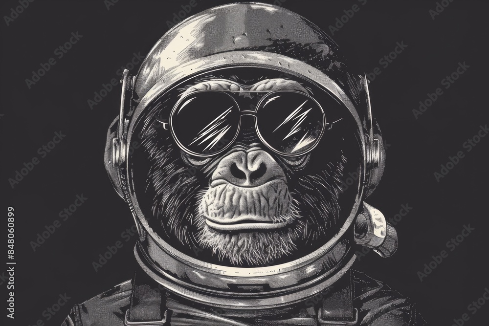 Poster a close-up image of a gorilla dressed in a space suit, likely from a sci-fi or fantasy illustration