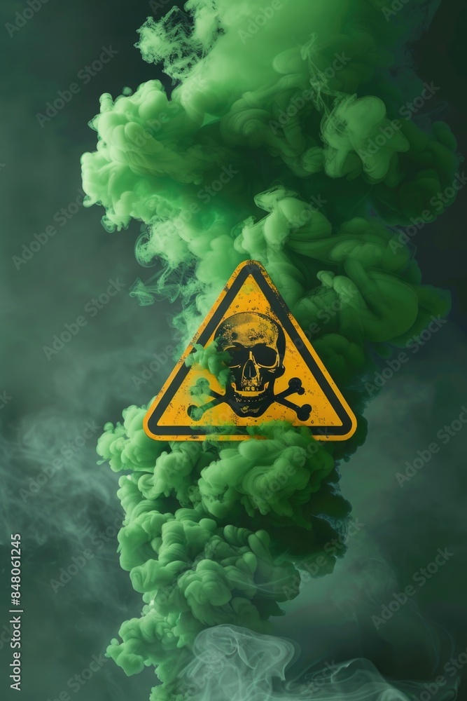 Poster a warning sign featuring a yellow background and a skull icon