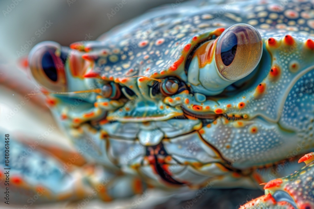 Poster a close-up shot of a blue crab's face, featuring its distinctive features and colors