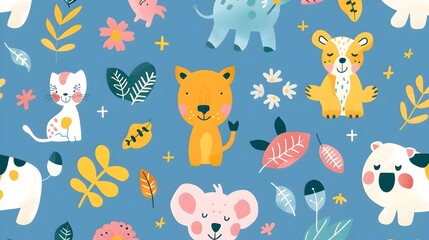 Whimsical Jungle Animal Pattern with Cartoon Wildlife and Floral Decor