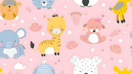 Fototapeta premium Cute Cartoon Zoo Animals in Seamless Pastel Pink Polka Dot Pattern for Kids Wallpaper,Textile or