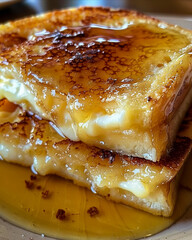 A plate of french toast with honey on it.