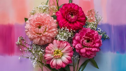Composition with beautiful eustoma and gypsophila flowers on color background