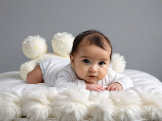 A lovely baby girl peacefully laying on a pristine white bed.