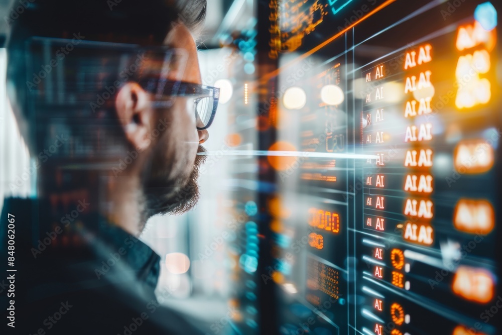 Poster man analyzing data on a futuristic ai interface, highlighting the integration of artificial intellig