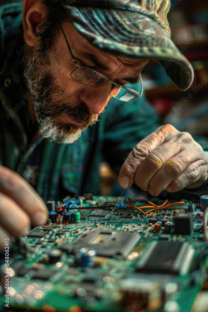 Poster a person working on a computer motherboard, useful for tech-related content or educational materials