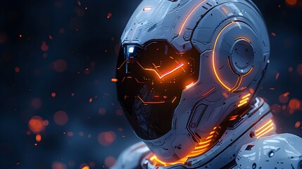 Intense Futuristic Mech Cyborg Soldier in Armored Exosuit with Glowing Energy