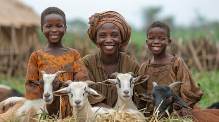 Smiling African mother and children with goats in village