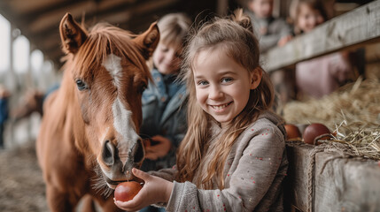 Portrait of a happy little girl feeding a horse an apple in a farm barn, surrounded by other children and horses