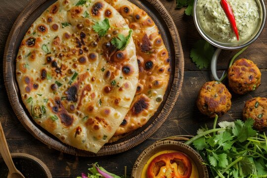 Top view of traditional cheese paratha with hot and spicy 