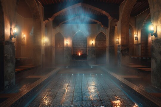 An indoor pool in a large building lit up at night, perfect for a fitness or relaxation setting