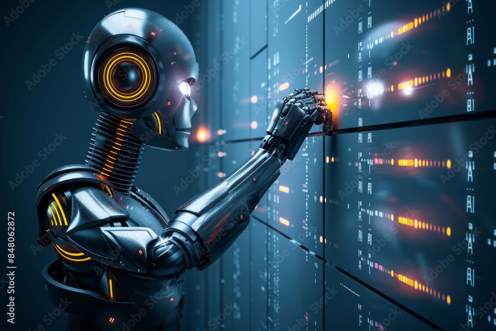 Poster humanoid robot interacting with a high tech touch screen, illustrating the capabilities of artificia