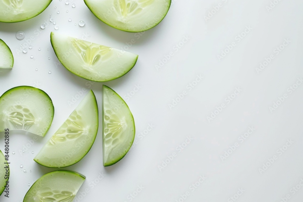 Poster Fresh cucumber slices arranged neatly on a white surface