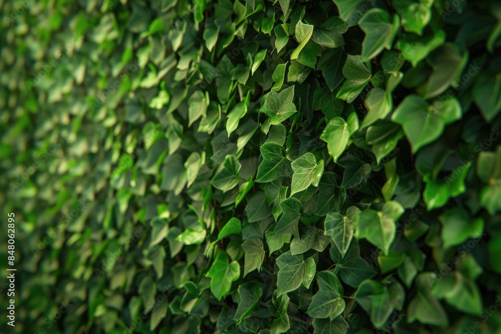 Wall mural A close-up shot of a dense wall of green leaves, with intricate details and textures