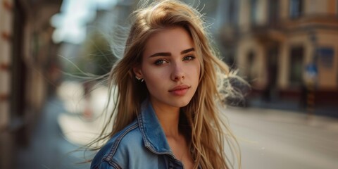 Fototapeta premium A youthful female standing alone on a urban road, suitable for lifestyle or fashion photography
