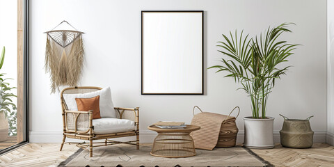 White living room design Modern interior with chair and black poster frame on white wall background 