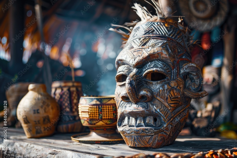 Aufkleber a traditional wooden mask sits on a table, ready for use in various settings