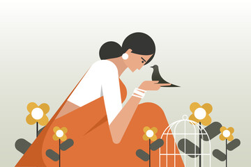 Illustration of a woman holding a bird in her hand