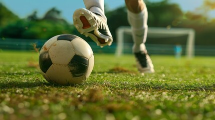 Obraz premium Soccer player kicking ball towards goal on green field during sunny day, capturing action and excitement in sport.