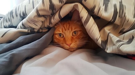 A ginger cat hiding under a blanket in a bed. only the ginger cats head is visible.