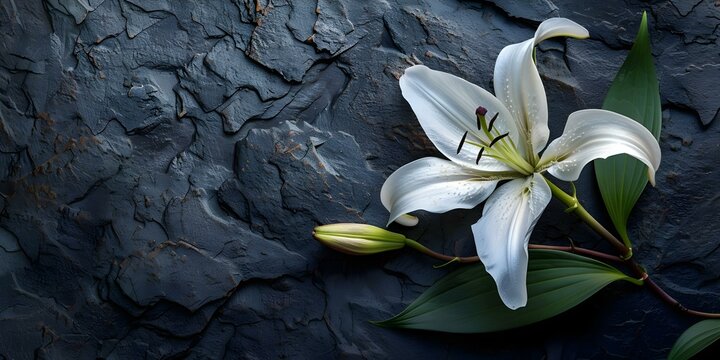 Dark stone background with lily funeral flower space for condolence message. Concept Funeral Flower Arrangements, Condolence Messages, Lily Flower Tribute, Dark Stone Background