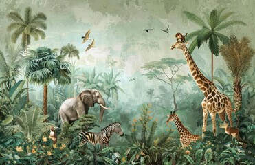 A jungle wall mural with animals, giraffes and elephants in the foreground, palm trees, zebras at the bottom