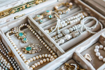 A jewelry box filled with various types of jewelry, including necklaces, earrings, rings and more