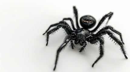 Extreme close-up of a black jumping spider, showcasing intricate details and textures against a stark white background.