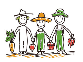 Hand drawn of happy farmers in stick figure illustration style. Isolated on a white background.