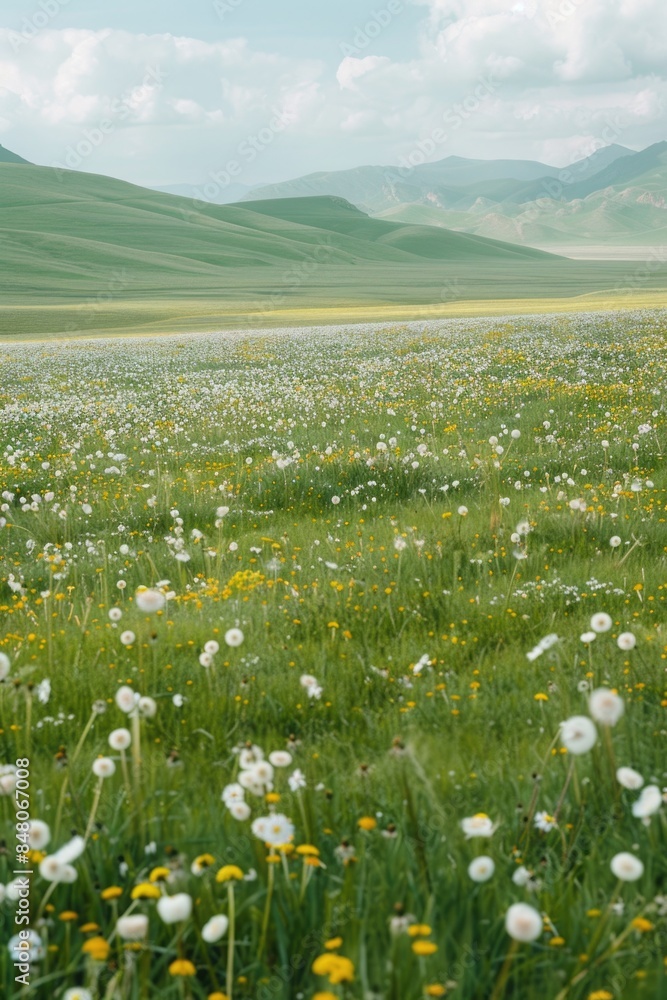 Poster A field of colorful flowers surrounded by mountains