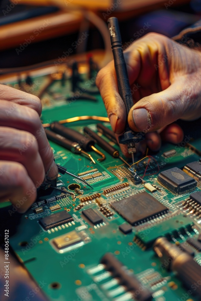 Poster a close-up shot of an individual working on a circuit board