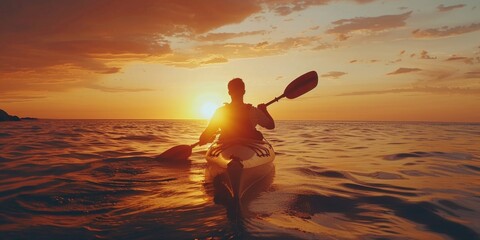 A person paddling a kayak on calm waters during sunset, great for adventure or outdoor themes