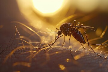 Fototapeta premium A close-up of a mosquito perched on a person's arm, highlighting the tiny insect's presence