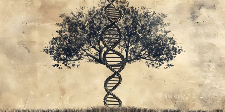 Clean family tree drawing with intertwined DNA symbolizing ancestry and heritage. Concept Genealogy, Family History, Ancestral Connections, Heritage Symbolism, Tree of Life