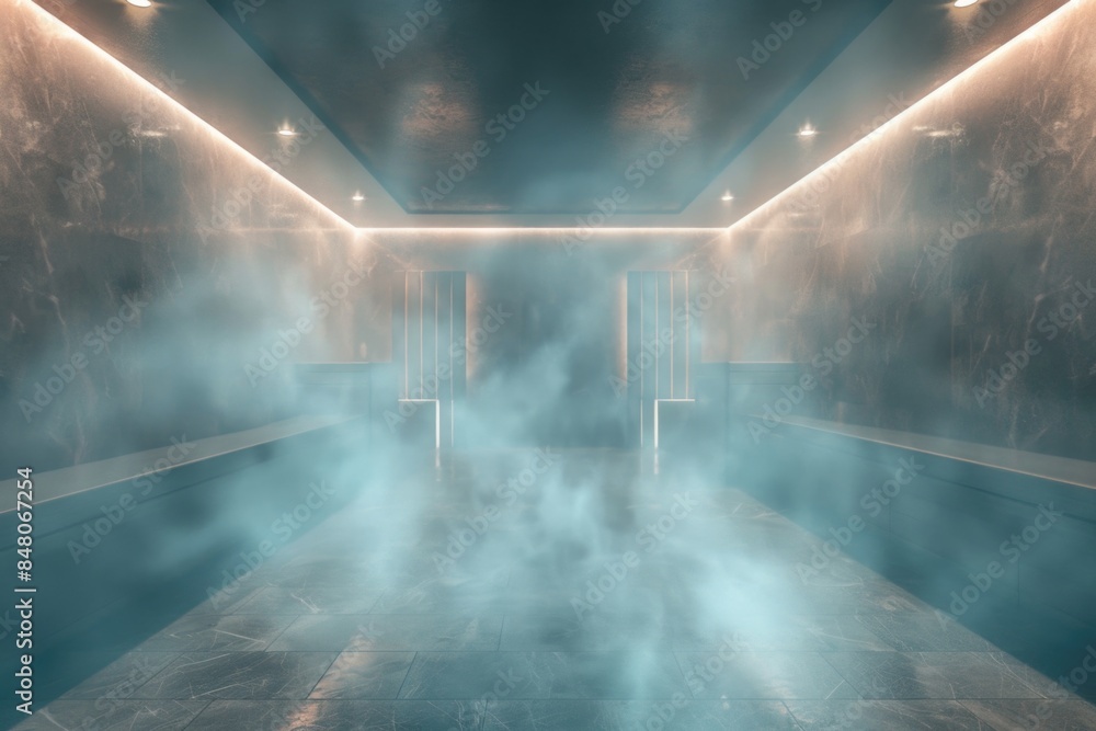 Poster a large room with a tiled floor and a steam bath