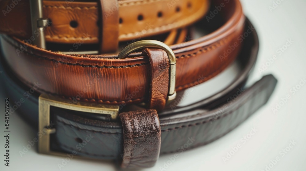Poster a close-up shot of a belt lying on a table, with the buckle and strap visible
