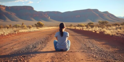 Teenage girl with Aboriginal roots finds solace in Outbacks vastness alone. Concept Australian Outback, Aboriginal Culture, Teenage Girl, Solitude, Finding Solace