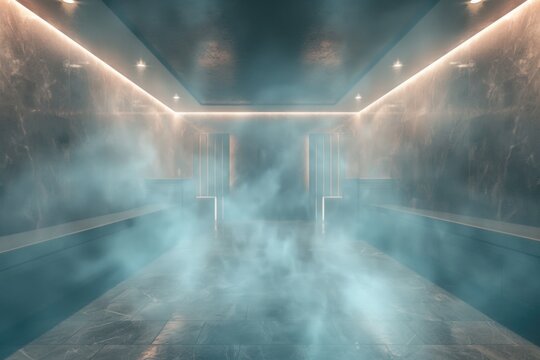 A large room with a tiled floor and a steam bath