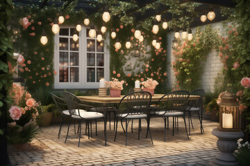Obraz premium An elegantly set outdoor dining area with a long table adorned with orange floral arrangements and string lights
